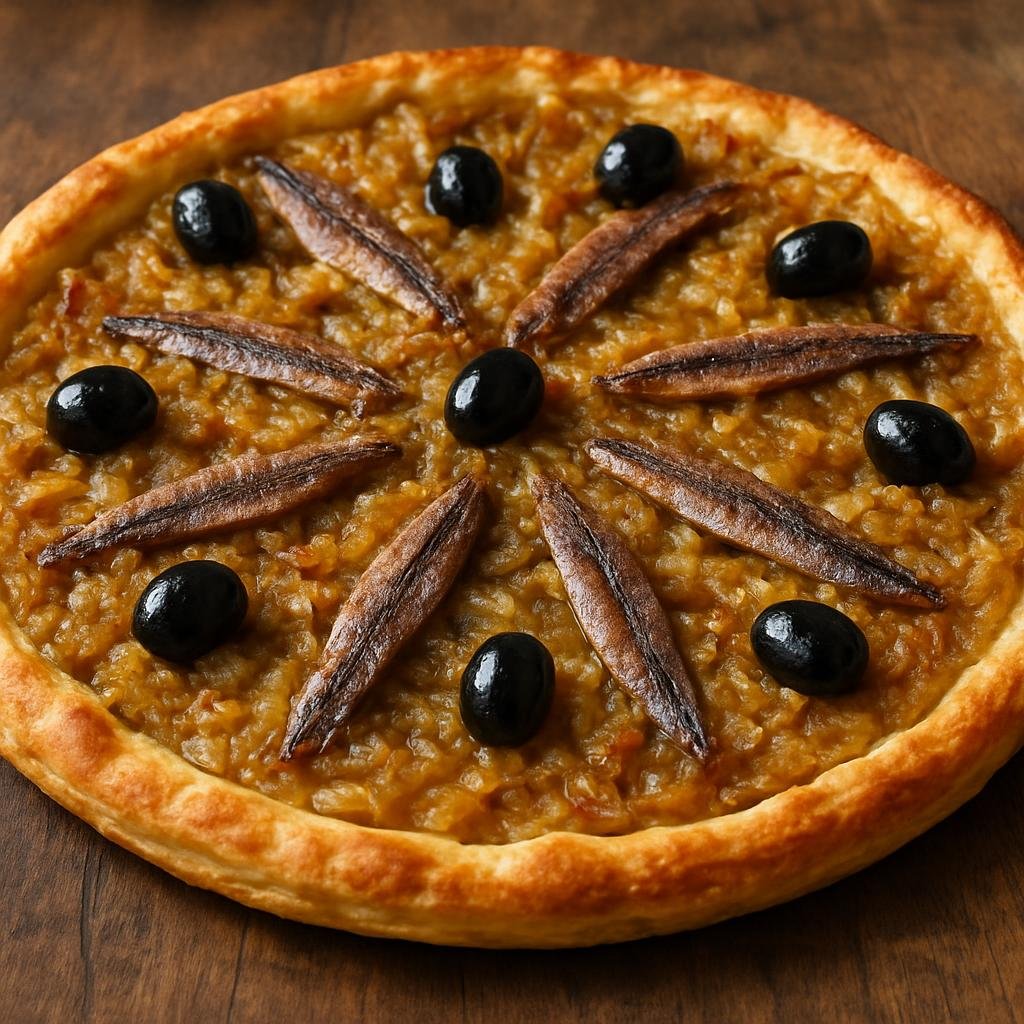 Entree: France – French Riviera – Pissaladière (Thick onion tart from Nice topped with anchovies and black olives) recipe