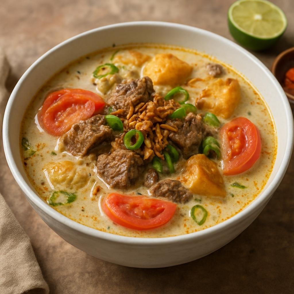 Entree: Indonesia – Java – Soto Betawi (Creamy Betawi-style beef soup in coconut milk with aromatic spice paste) recipe