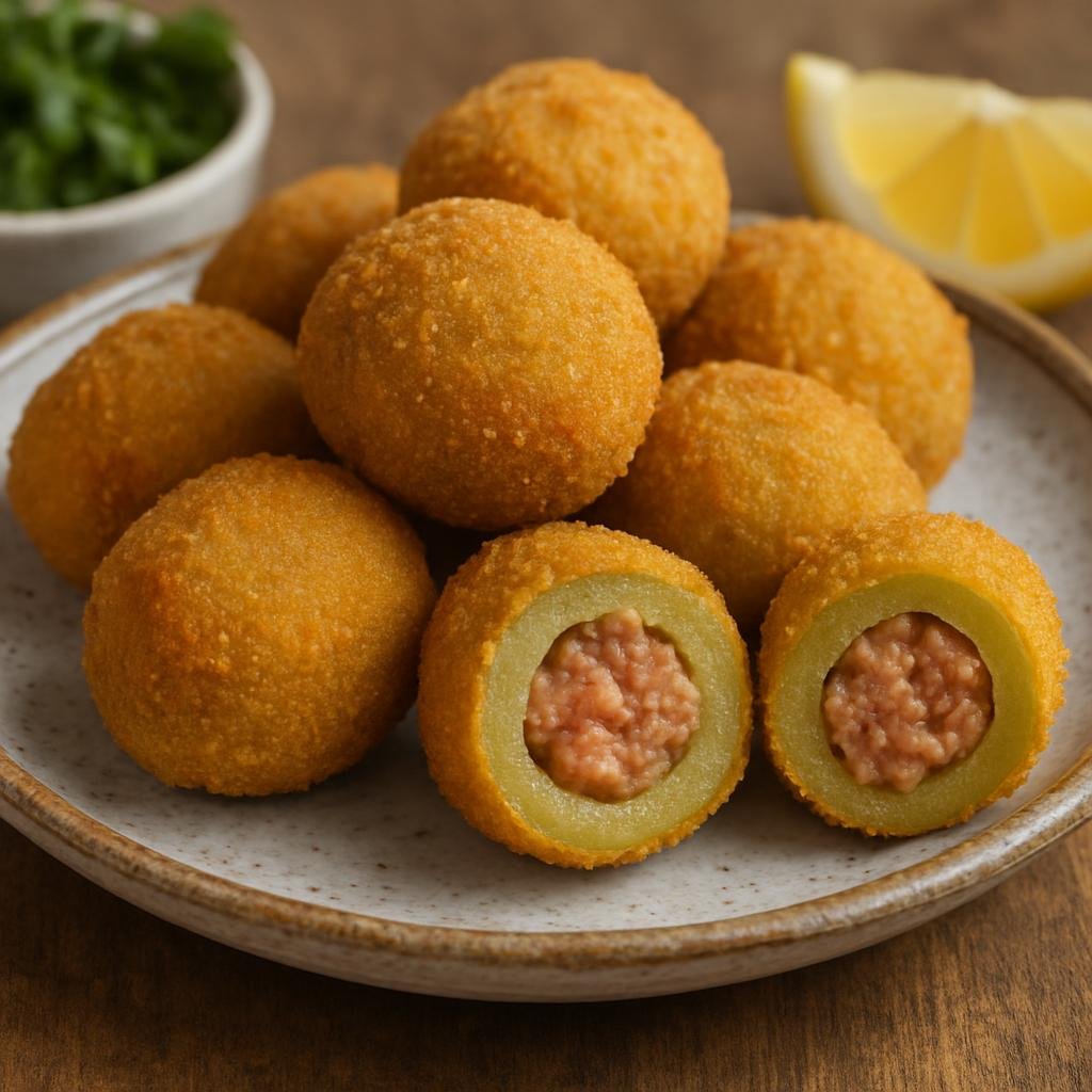 Entree: Italy – Marche – Olive Ascolane (Large green olives stuffed with a cooked seasoned meat filling, breaded and deep-fried) recipe