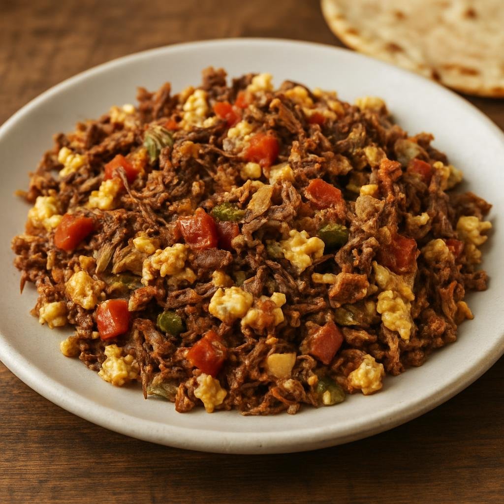 Entree: Mexico – Nuevo Leon / Monterrey – Machaca con Huevo (Scrambled eggs cooked with rehydrated shredded dried beef, onions, tomatoes and chiles) recipe