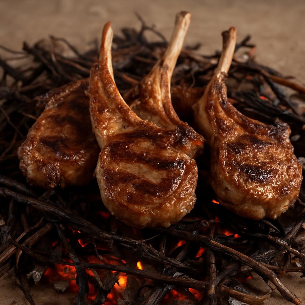 Entree: Spain – La Rioja – Chuletas al Sarmiento (Lamb chops grilled over burning vine shoots to impart a smoky, fruity aroma) recipe
