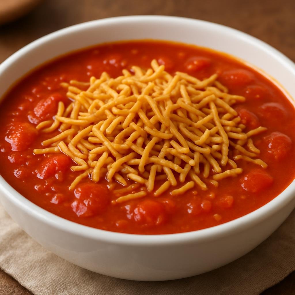 Entree: India – Gujarat – સેવ ટામેટાનું શાક ➤ Sev Tameta Nu Shaak (Tangy Gujarati tomato curry topped with crunchy sev (fried gram-flour noodles) recipe