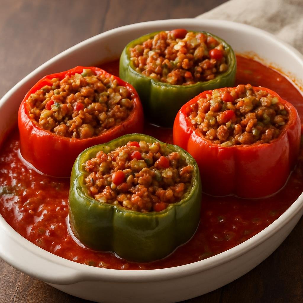 Entree: United States – Creole Louisiana – Creole Stuffed Bell Peppers (Bell peppers filled with Creole-seasoned meat, rice, and vegetables baked in a savory tomato sauce) recipe