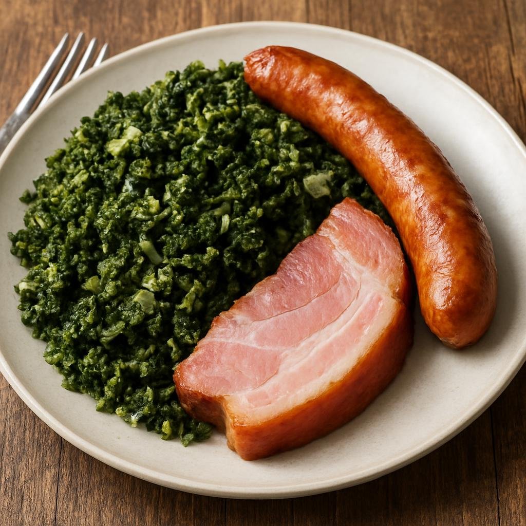 Entree: Germany – Schleswig-Holstein – Grünkohl mit Pinkel (Stewed curly kale cooked with a smoked oat-and-pork sausage and cured pork) recipe