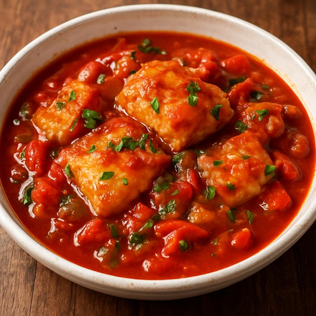 Entree: Spain – La Rioja – Bacalao a la Riojana (Salted cod stewed in a Rioja tomato and pepper sauce) recipe