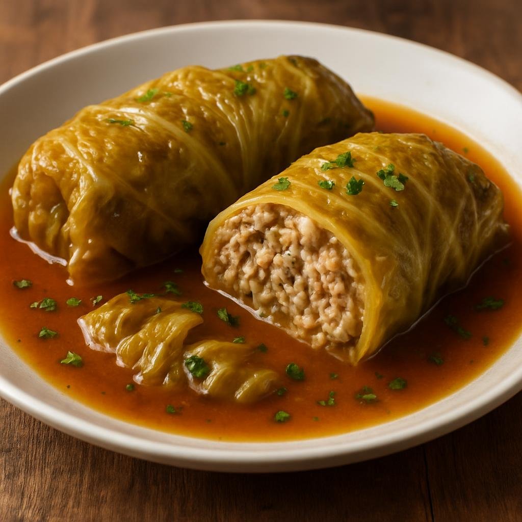 Entree: Germany – Schleswig-Holstein – Kohlrouladen (Cabbage leaves stuffed with seasoned ground meat and rice, slowly braised in a savory broth) recipe