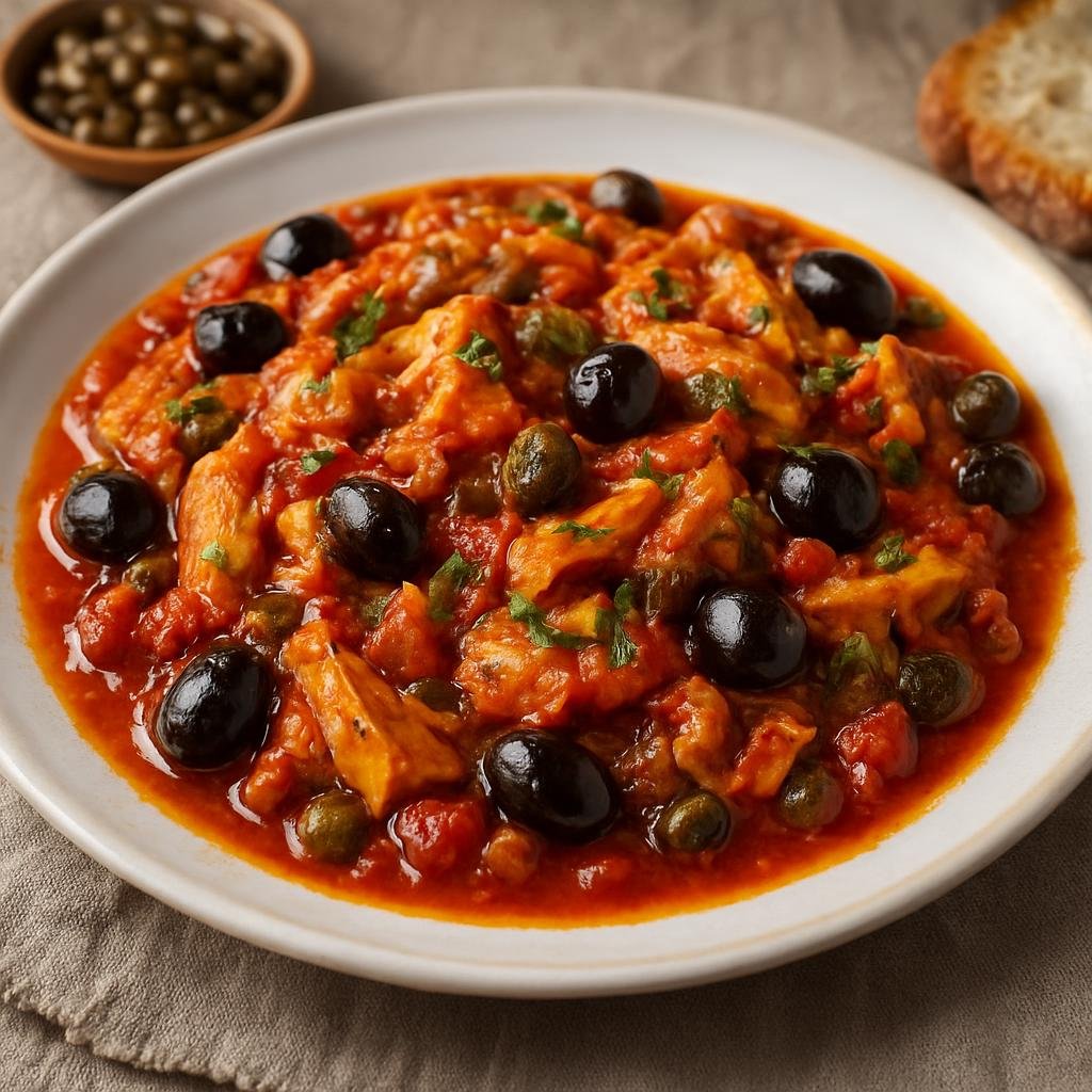 Entree: Italy – Marche – Stoccafisso all'Anconitana (Slow-simmered rehydrated stockfish in a tomato, olive, and caper sauce typical of Ancona) recipe