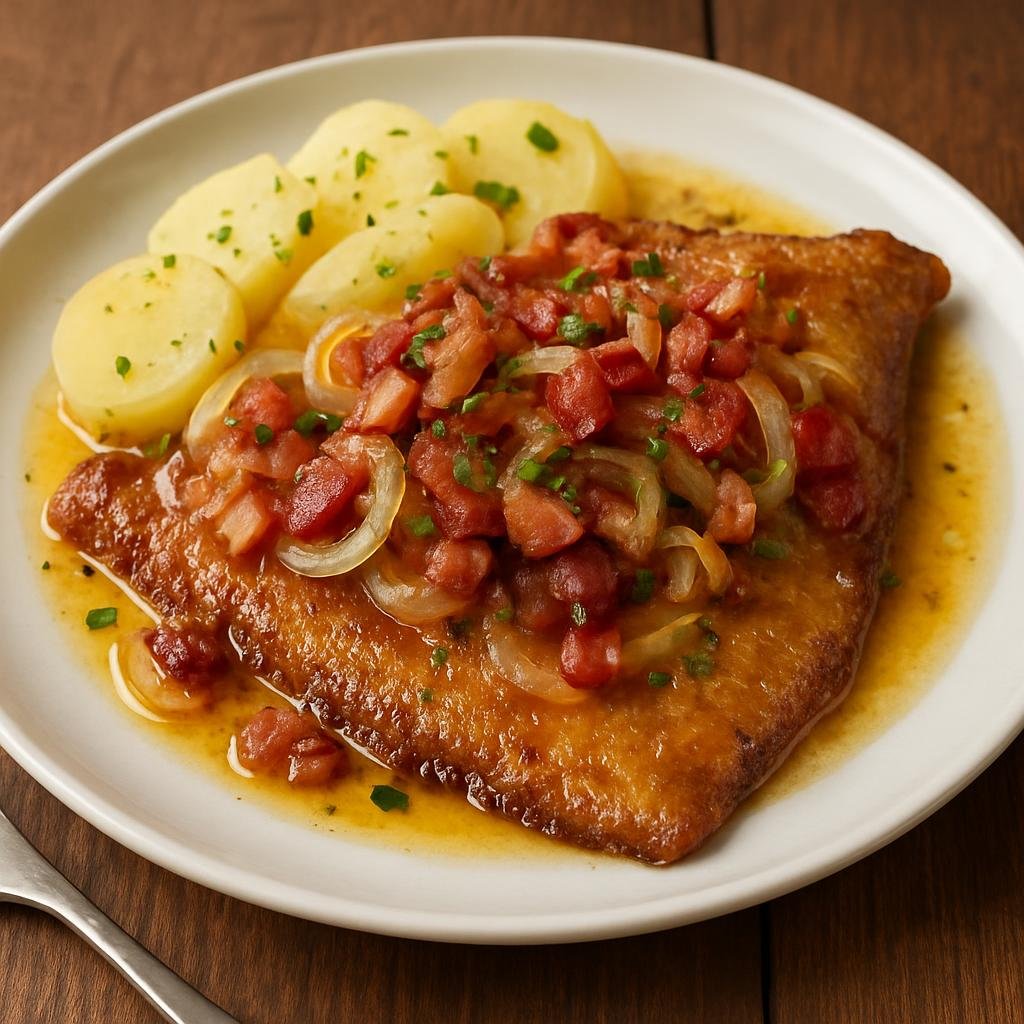 Entree: Germany – Schleswig-Holstein – Finkenwerder Scholle (Pan-fried North Sea plaice with smoked bacon and onions) recipe