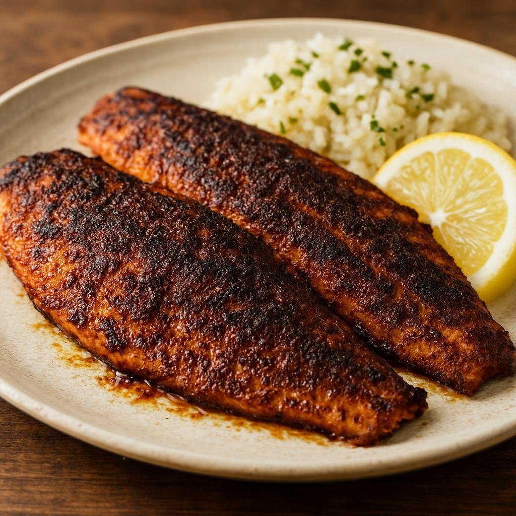 Entree: United States – Creole Louisiana – Blackened Redfish (Creole-style spice-crusted seared redfish fillets with a smoky, peppery crust) recipe