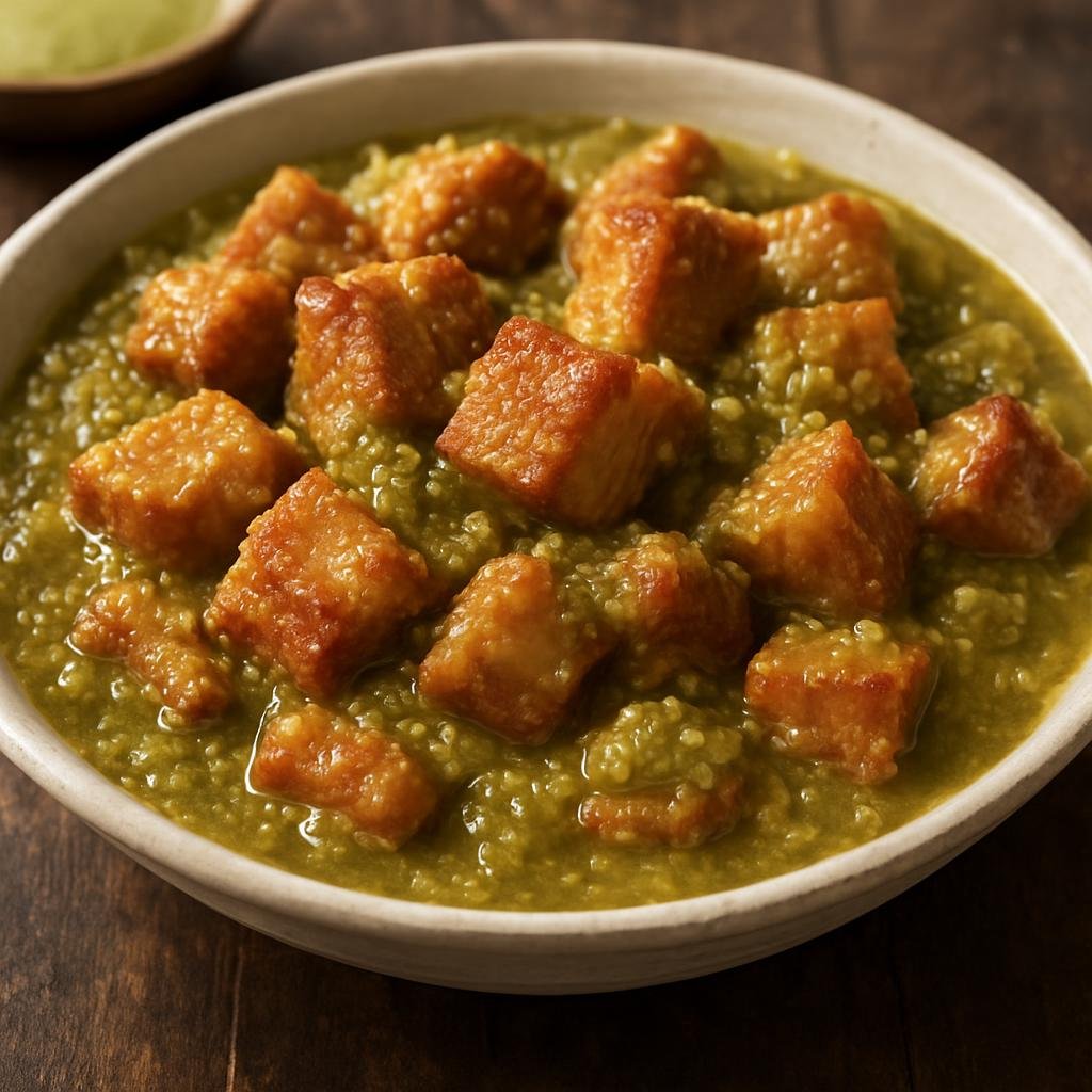 Entree: Mexico – Nuevo Leon / Monterrey – Chicharrón en Salsa Verde (Crispy pork pieces simmered in a tangy green tomatillo and chile sauce) recipe