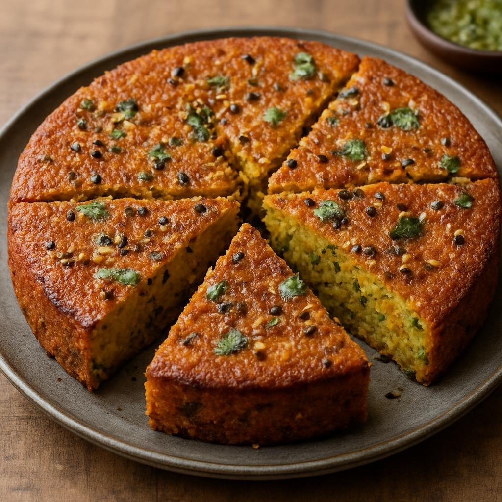 Entree: India – Gujarat – Handvo (Savory Gujarati lentil and rice vegetable cake, baked or pan-cooked until crisp) recipe