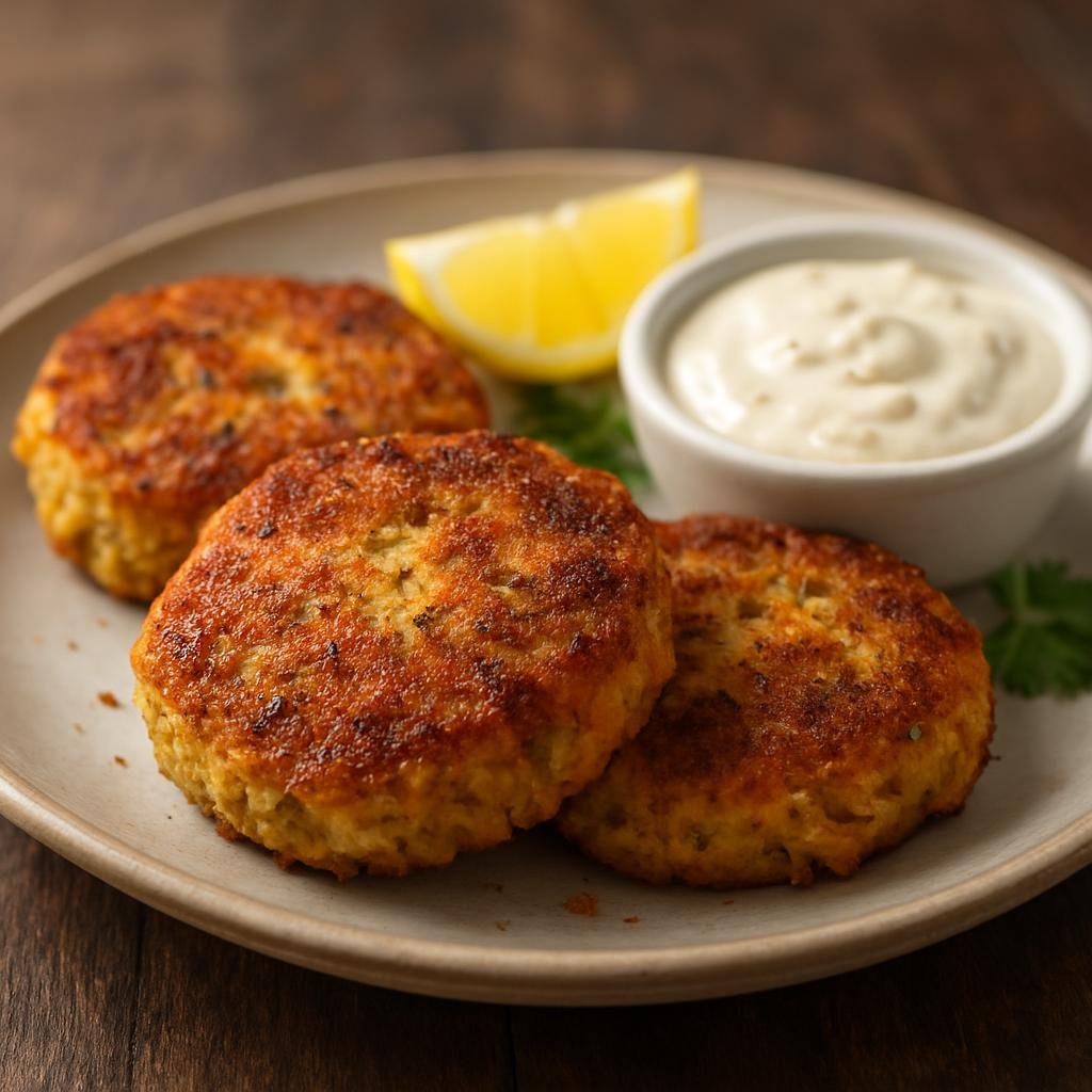 Entree: United States – Creole Louisiana – Creole Crab Cakes (Pan-fried seasoned crab patties bound with mayonnaise and breadcrumbs, flavored with Creole spices and aromatics) recipe