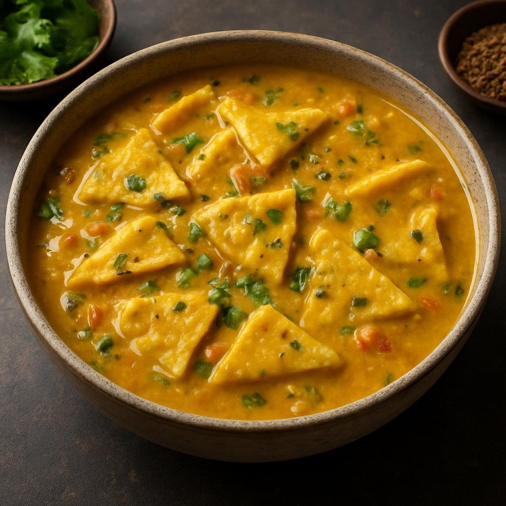 Entree: India – Gujarat – દાળ ઢોકળી ➤ Dal Dhokli (Wheat-flour dumplings simmered in a spiced Gujarati lentil stew) recipe