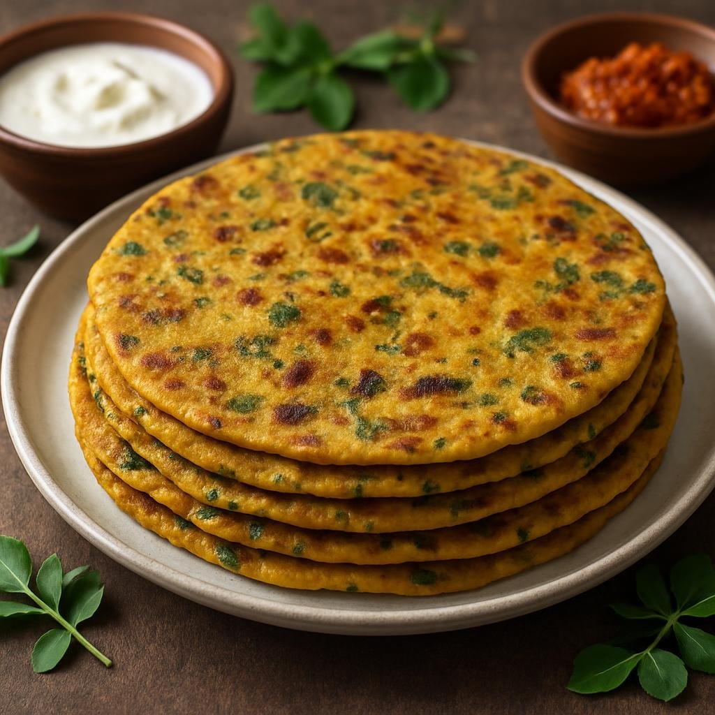 Entree: India – Gujarat – મેથી થેપલા ➤ Mēthī Thēplā (Thin Gujarati flatbreads flavored with fresh fenugreek and spices, pan-fried until soft and slightly crisp) recipe