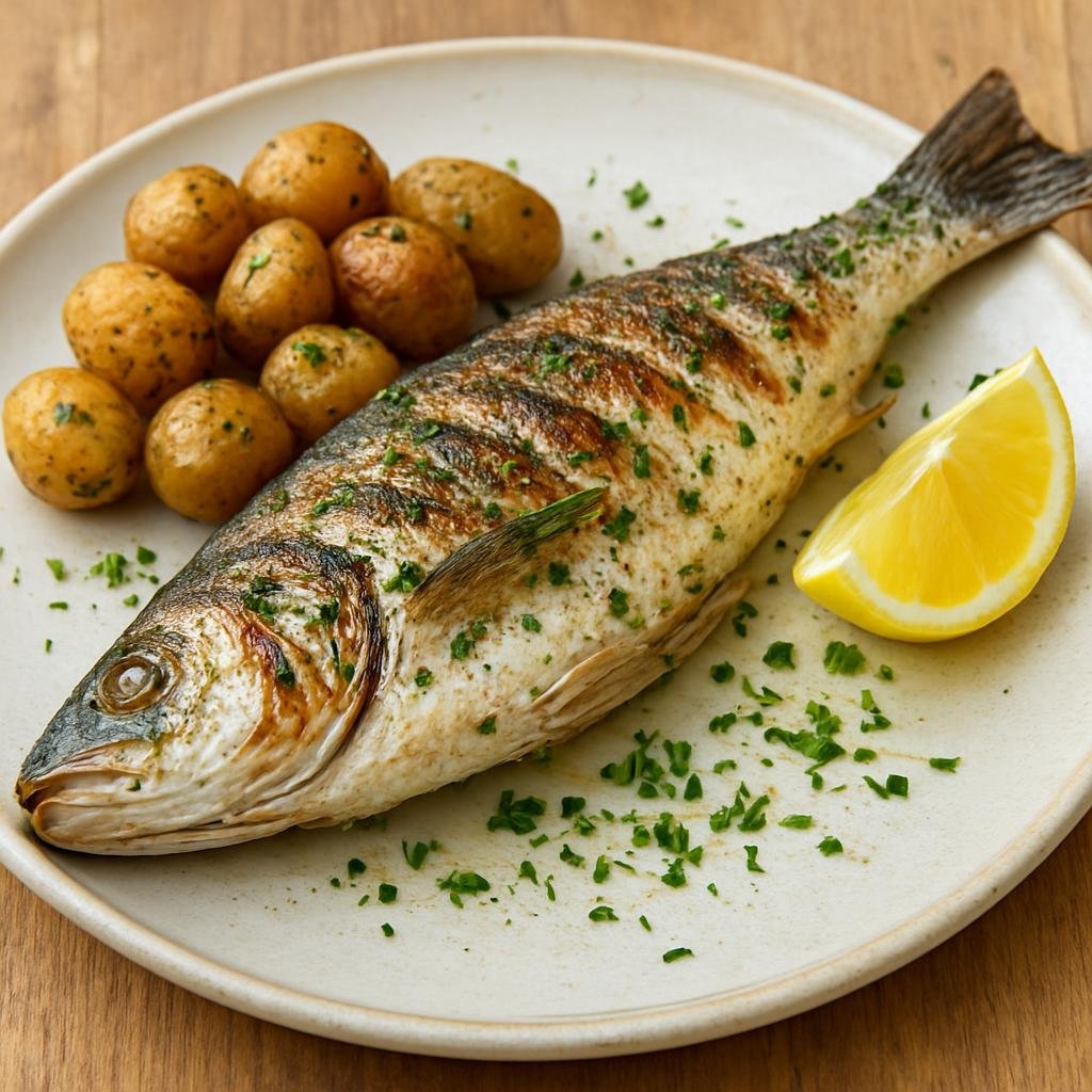 Entree: France – French Riviera – Loup de Mer Grillé (Mediterranean-style grilled European sea bass seasoned with herbs and olive oil) recipe
