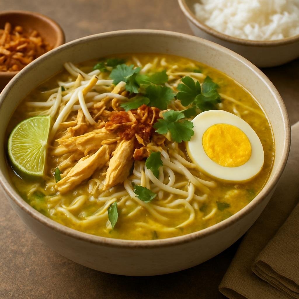 Entree: Indonesia – Java – Soto Ayam (Indonesian spiced yellow chicken soup served with rice or noodles and fresh aromatic garnishes) recipe
