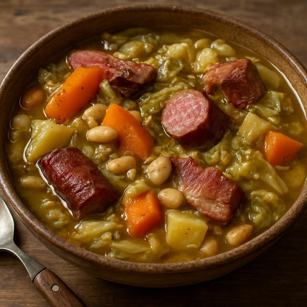 Entree: France – Gascony – Garbure (Hearty Gascony country stew of cabbage, beans, root vegetables and preserved meats) recipe