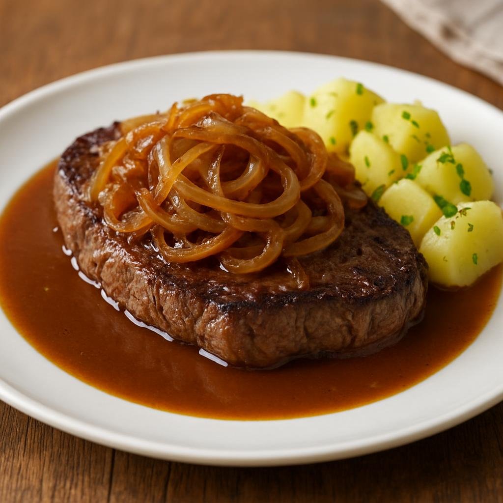 Entree: Germany – Swabia – Zwiebelrostbraten (Pan-seared roast beef topped with caramelized onions and a rich pan gravy) recipe