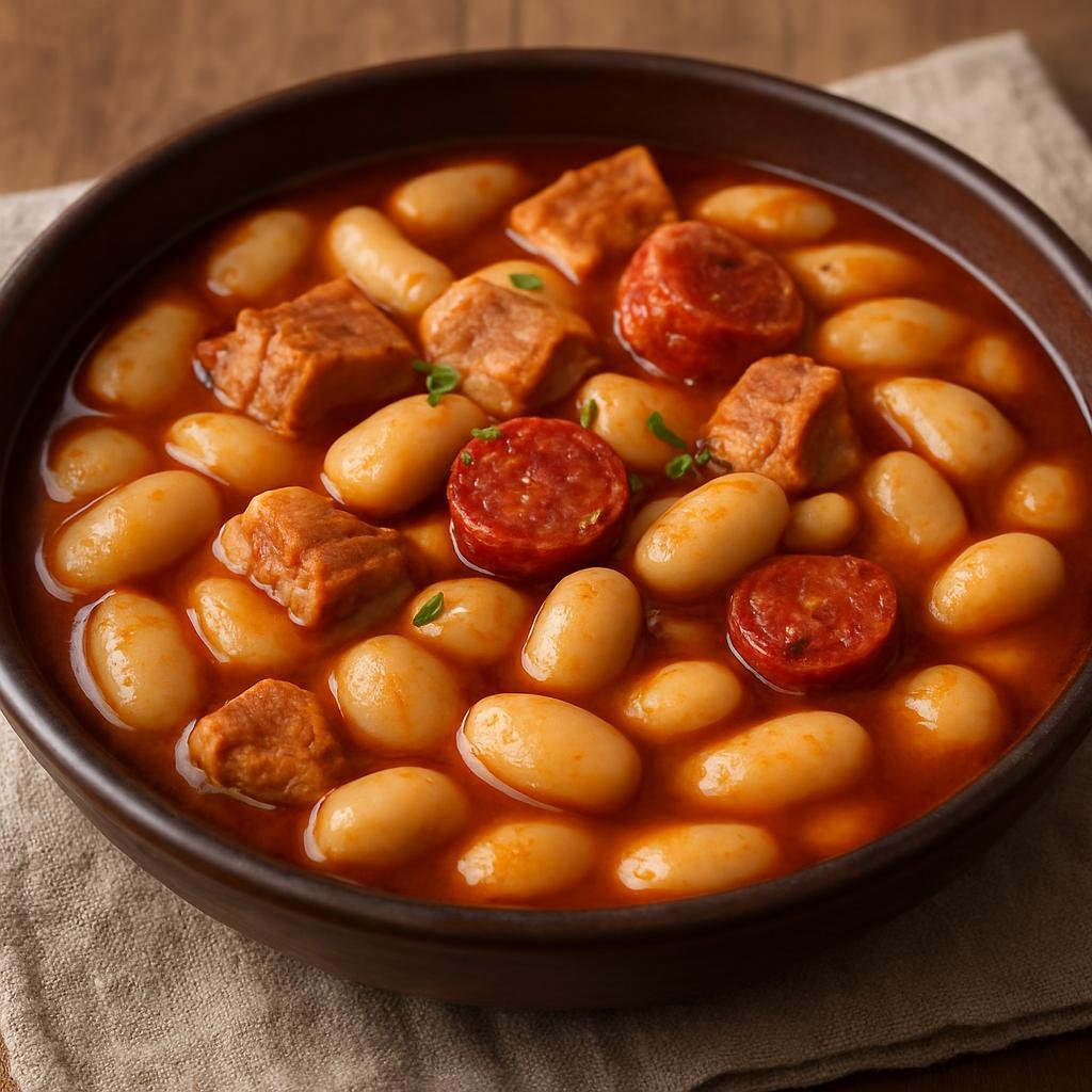 Entree: Spain – Madrid & Castile – Judiones de La Granja (Hearty stew of large Castilian white beans cooked slowly with pork, chorizo, and savory aromatics) recipe