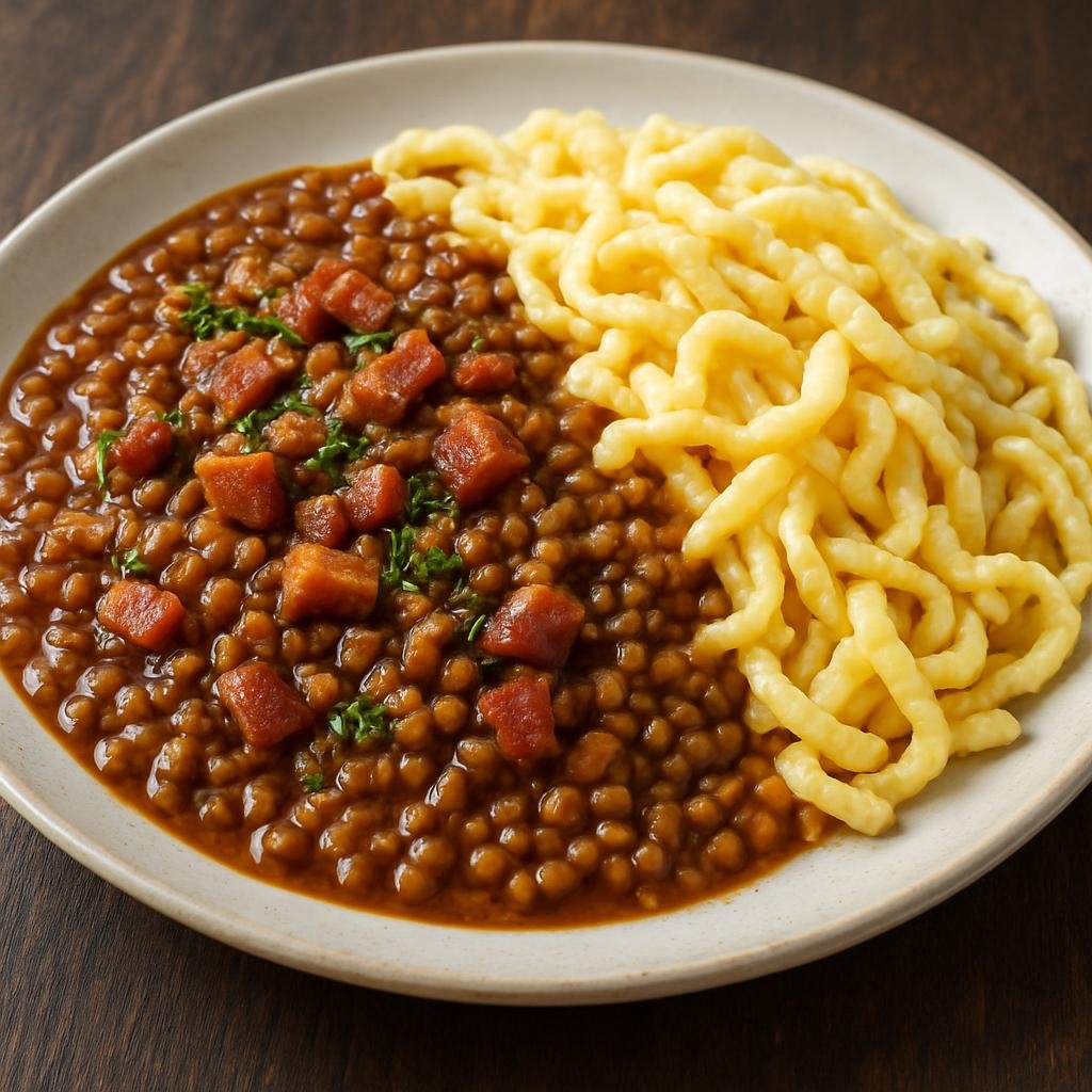 Entree: Germany – Swabia – Linsen mit Spätzle (Hearty stewed lentils flavored with smoked pork and served with hand-made egg noodles) recipe
