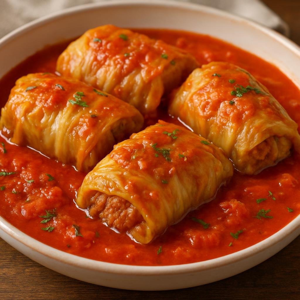 Entree: Russia – St. Petersburg & Northwest – Голубцы ➤ Golubtsy (Cabbage leaves stuffed with seasoned ground meat and rice cooked in a savory tomato sauce) recipe