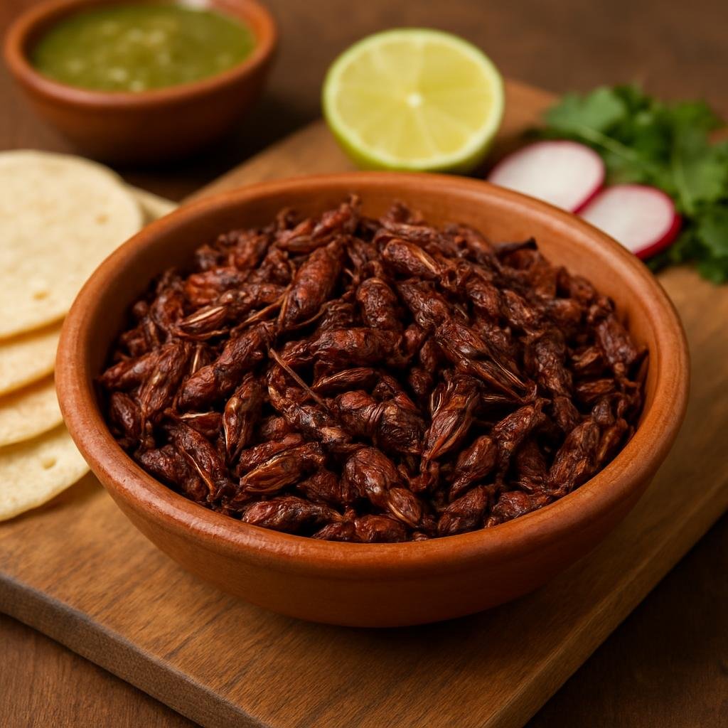 Entree: Mexico – Oaxaca – Chapulines (Toasted, seasoned grasshoppers served with tortillas and traditional garnishes) recipe