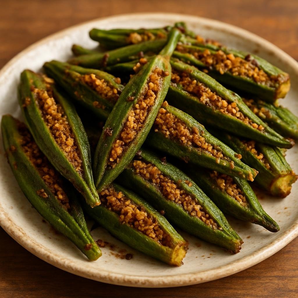 Entree: India – Haryana & Western Uttar Pradesh – भरवा भिंडी ➤ Bharwā Bhindī (Okra stuffed with a spiced gram-flour and spice mixture, pan-fried until tender and aromatic) recipe