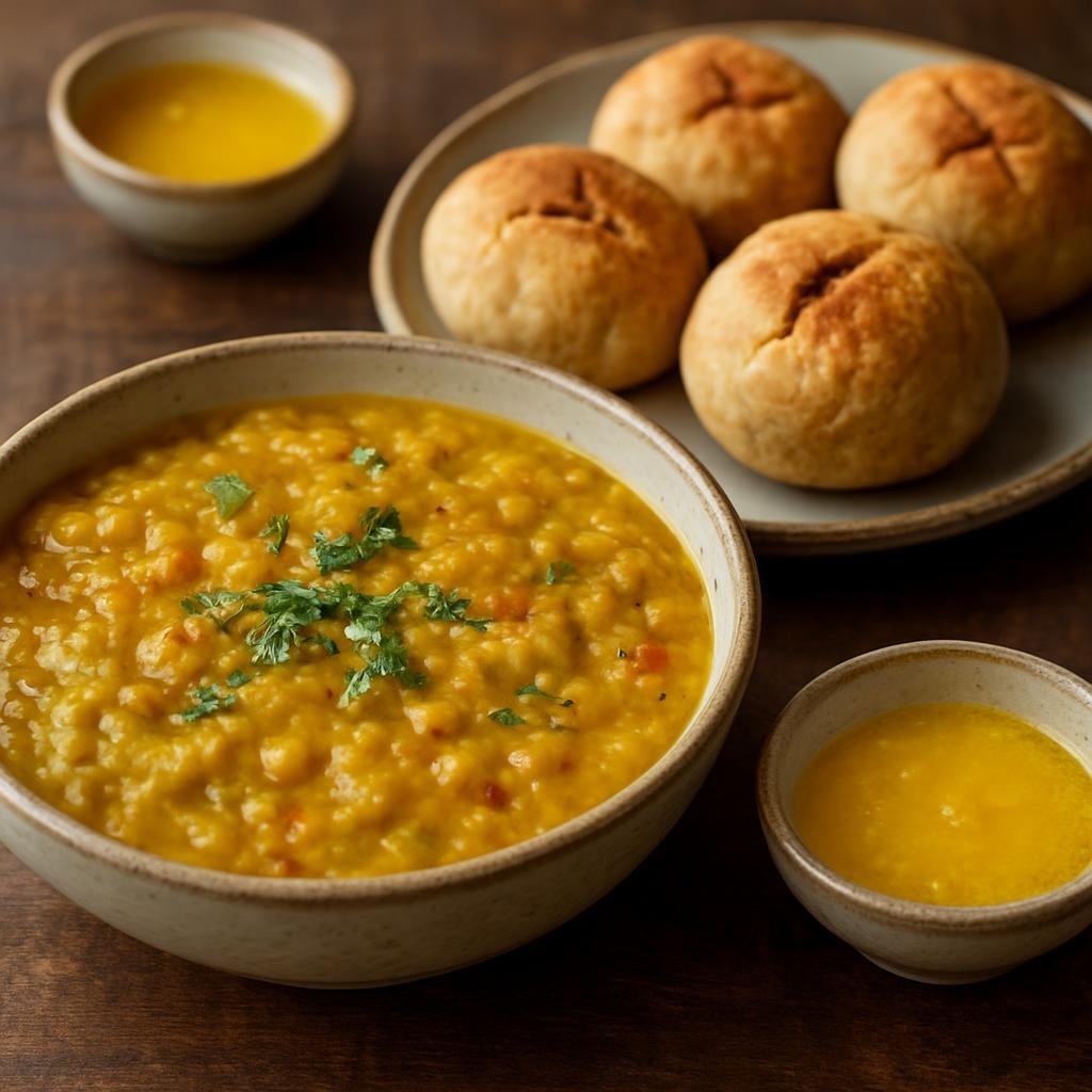 Entree: India – Haryana & Western Uttar Pradesh – दाल बाटी ➤ Dāl Bāṭī (Lentil stew served with hard baked wheat rolls traditionally dunked in ghee) recipe