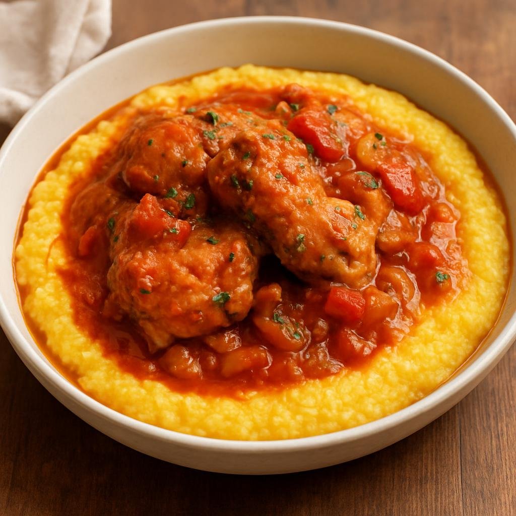 Entree: Brazil – Parana – Frango com Polenta (Braised chicken in a tomato and pepper sauce served over creamy cornmeal polenta) recipe