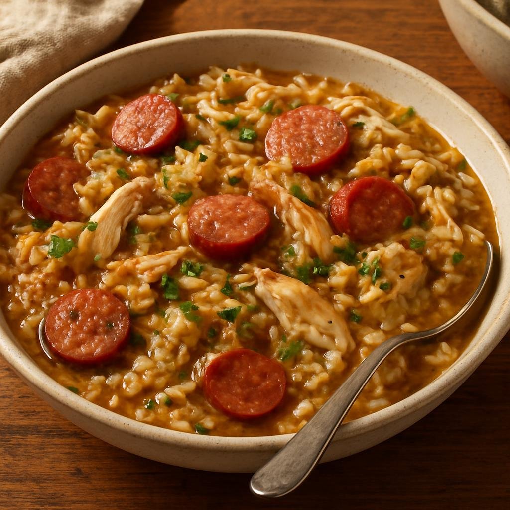Entree: United States – Deep South – Chicken Bog (Savory one-pot rice and chicken cooked with smoked sausage and aromatics, a comforting Deep South dish) recipe