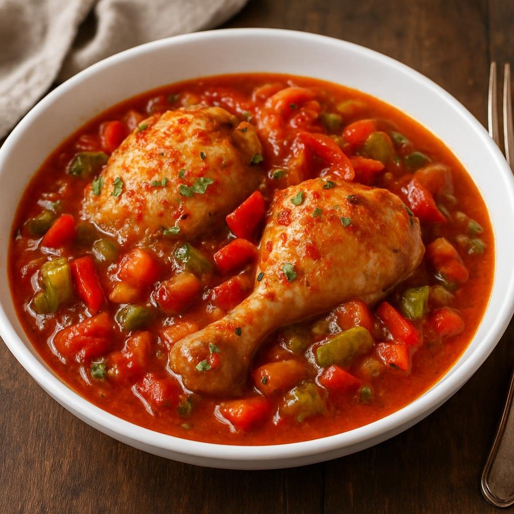 Entree: France – Gascony – Poulet Basquaise (Chicken braised in a Basque-style tomato and bell pepper sauce seasoned with Espelette pepper) recipe