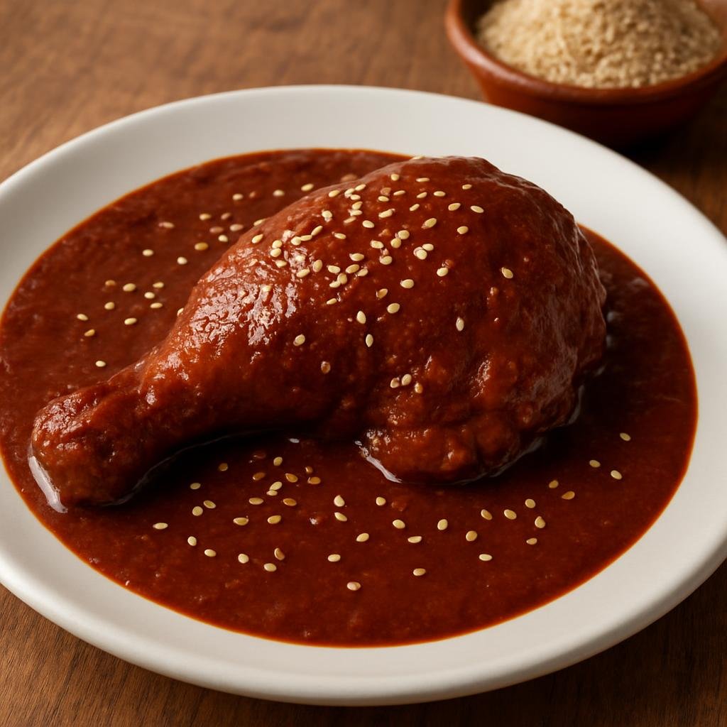 Entree: Mexico – Oaxaca – Mole Rojo (Rich Oaxacan red mole sauce made from toasted chiles, nuts, seeds, spices, and chocolate, served over chicken) recipe