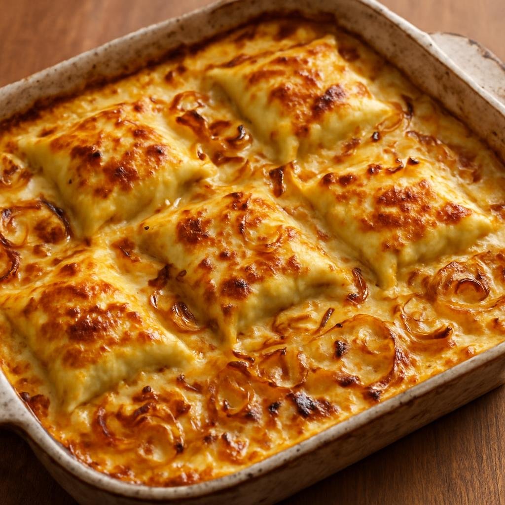 Entree: Germany – Swabia – Schwäbische Maultaschenauflauf (Baked Swabian casserole of filled Maultaschen pasta in an egg-cream custard with sautéed onions and melted cheese) recipe