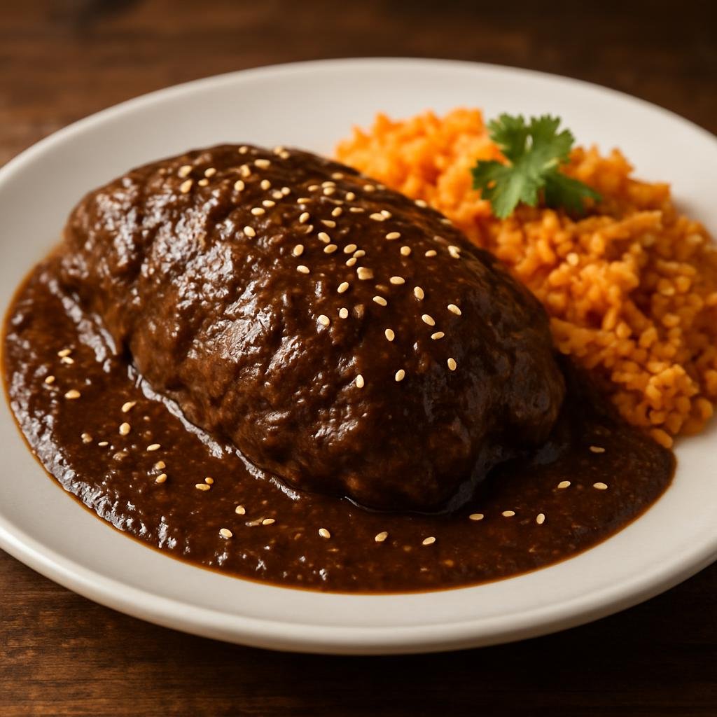 Entree: Mexico – Puebla – Mole Poblano (A deeply flavored Puebla-style sauce of blended roasted chiles, nuts, seeds, spices, and chocolate typically served over poultry) recipe