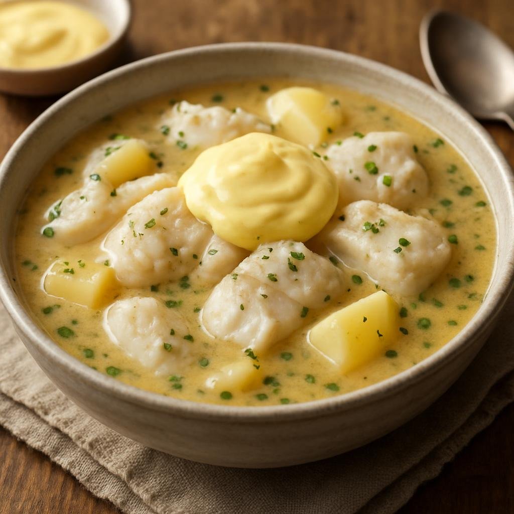Entree: France – Languedoc-Roussillon – Bourride (A Languedoc fish stew of white fish poached in a garlicky broth thickened with aioli) recipe