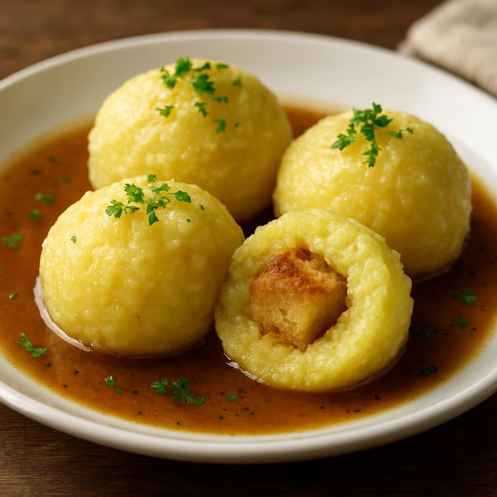 Entree: Germany – Thuringia – Thüringer Klöße (Traditional Thuringian potato dumplings made from a mix of raw and cooked potatoes, often filled with a toasted bread cube and served with browned butter or roast gravy) recipe