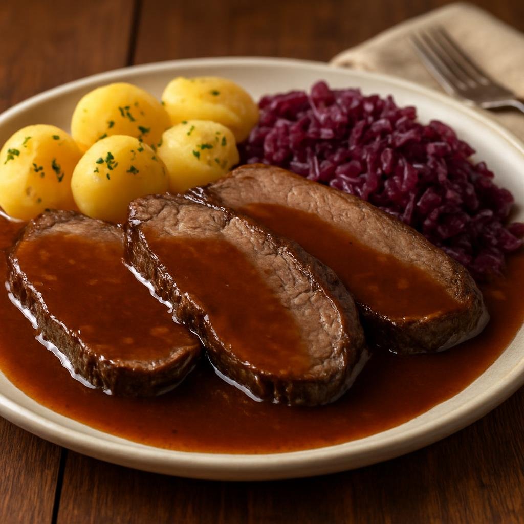 Entree: Germany – Thuringia – Sauerbraten (Marinated pot roast slow-cooked and served with a sweet-sour gravy) recipe