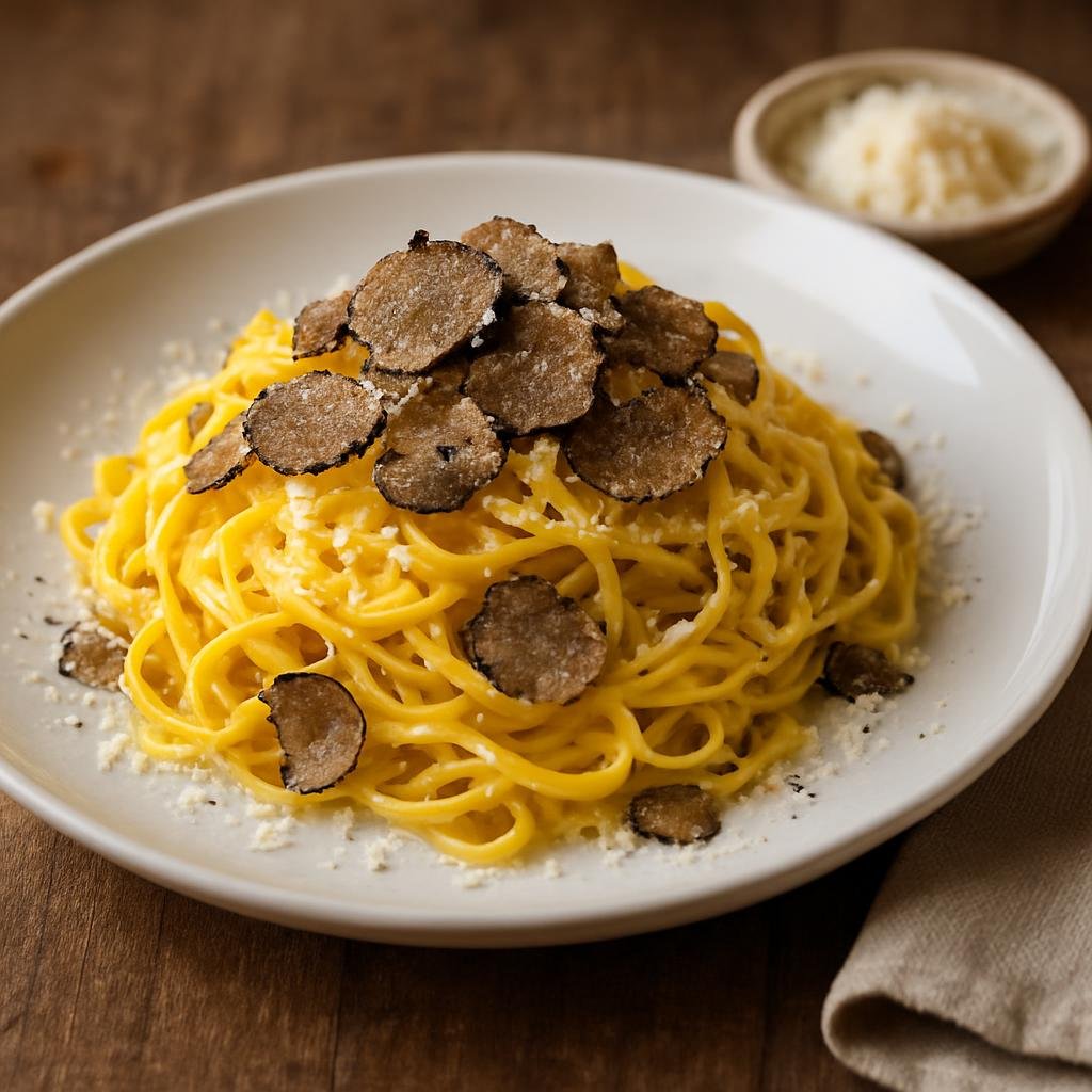 Entree: Italy – Piedmont – Tajarin al Tartufo (Egg-rich thin ribbon pasta dressed with butter, Parmigiano, and fresh black truffle shavings) recipe