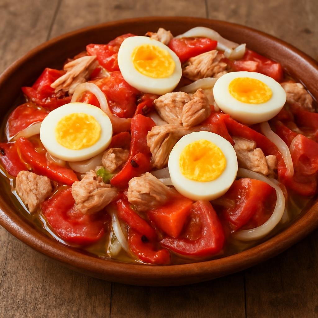 Entree: Spain – Murcia – Mojete Murciano (Rustic Murcian mixed salad of tomatoes, roasted peppers, tuna, onions, and hard-boiled eggs dressed with olive oil) recipe