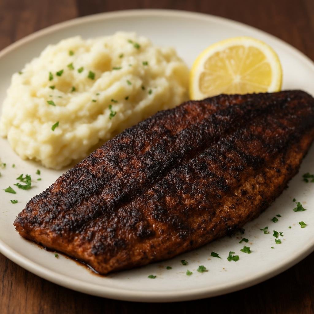 Entree: United States – Florida – Blackened Redfish (Pan-seared redfish with a smoky spicy charred crust in the American blackening style) recipe