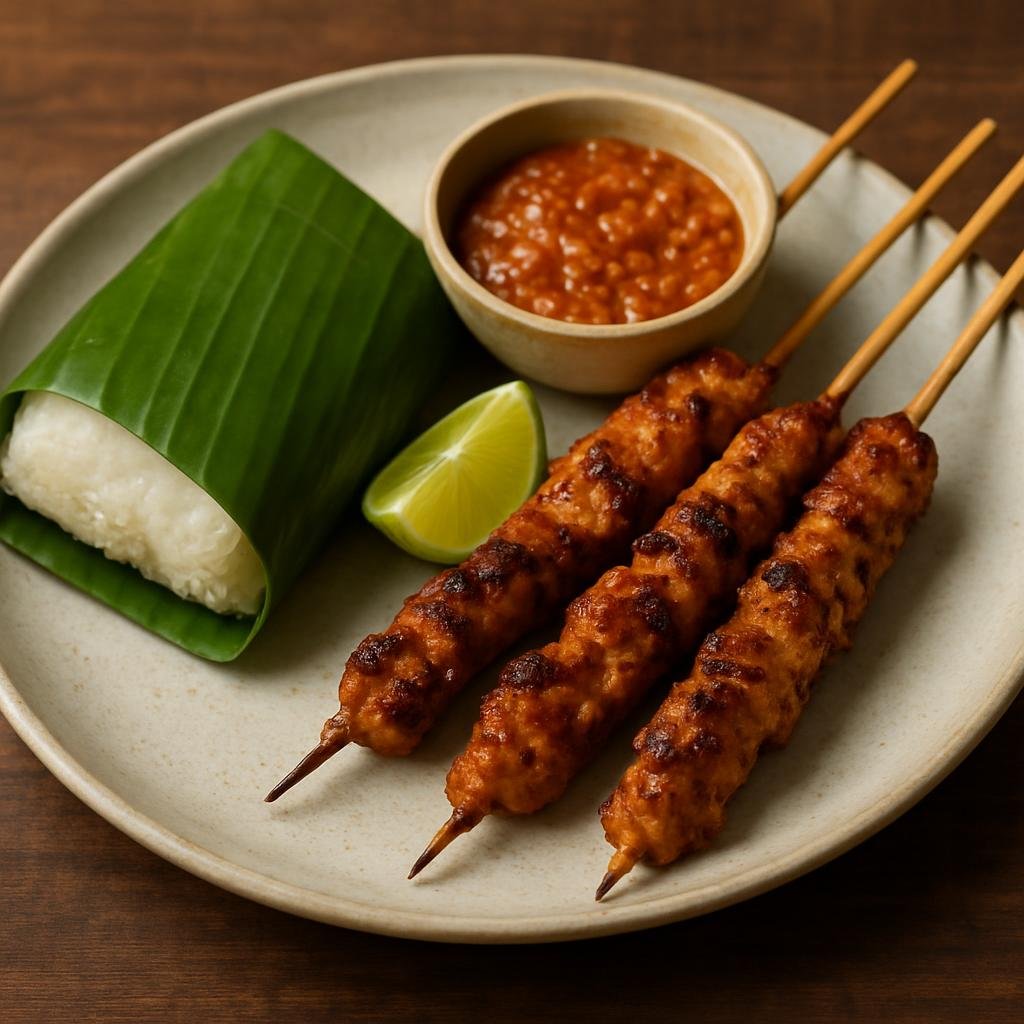 Entree: Indonesia – Lombok – Sate Bulayak (Grilled spiced chicken skewers served with compressed coconut rice wrapped in banana leaf and spicy peanut sauce) recipe