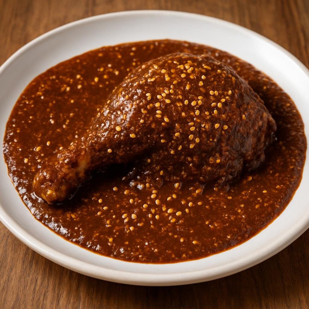 Entree: Mexico – Puebla – Huaxmole (A Puebla-style mole sauce made with toasted seeds, nuts, chilies, and chocolate, served over braised chicken) recipe