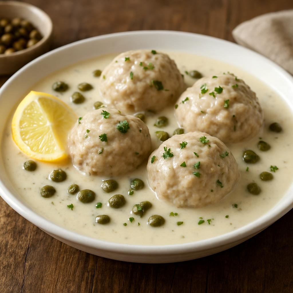 Entree: Germany – Thuringia – Königsberger Klopse (German meatballs simmered in a creamy white sauce flavored with capers and lemon) recipe