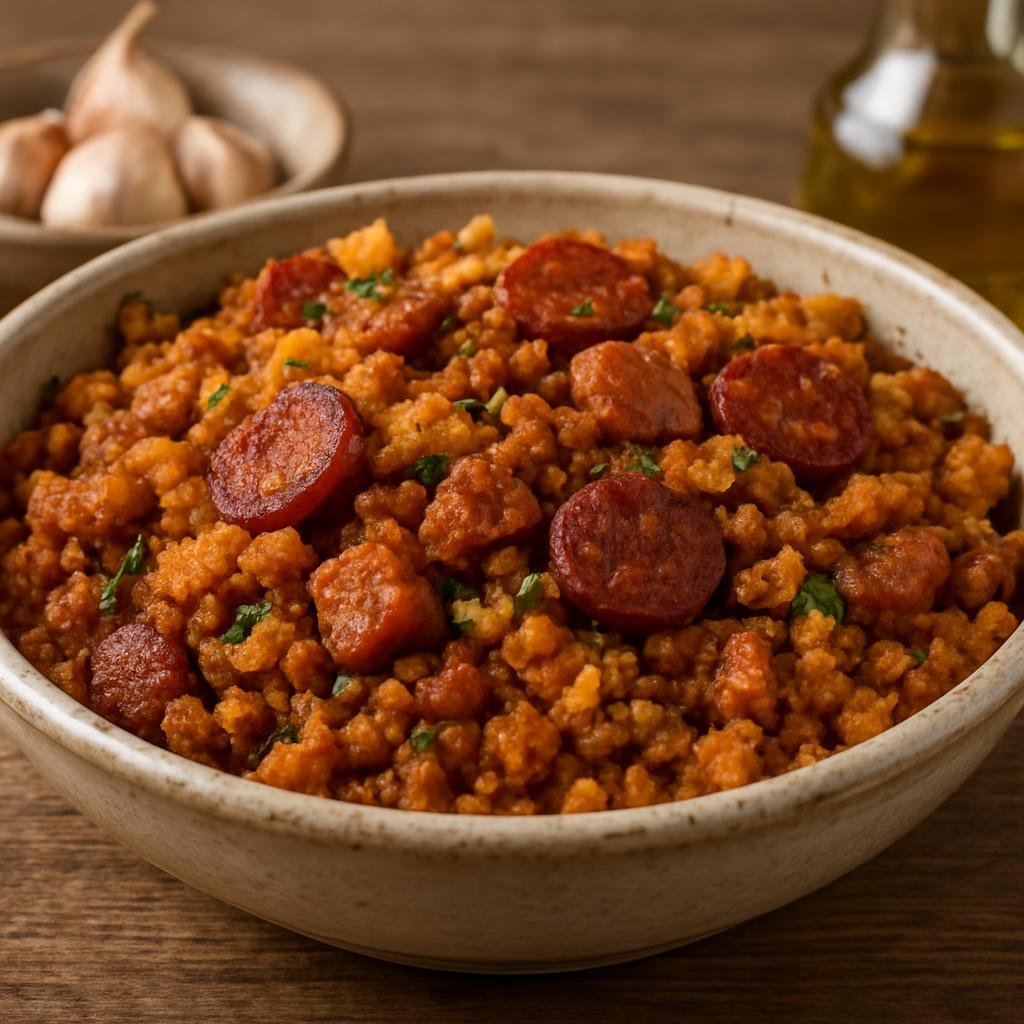 Entree: Spain – Murcia – Gachasmigas (Murcian-style fried bread and breadcrumbs cooked with garlic, olive oil and savory pork or chorizo) recipe