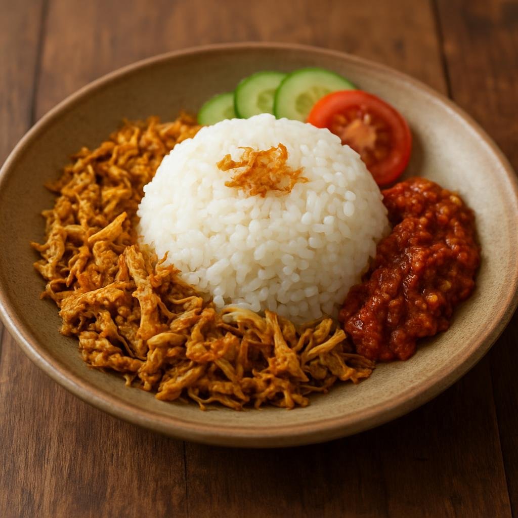 Entree: Indonesia – Lombok – Nasi Puyung (Lombok-style coconut-scented rice served with spiced shredded chicken and fiery sambal) recipe