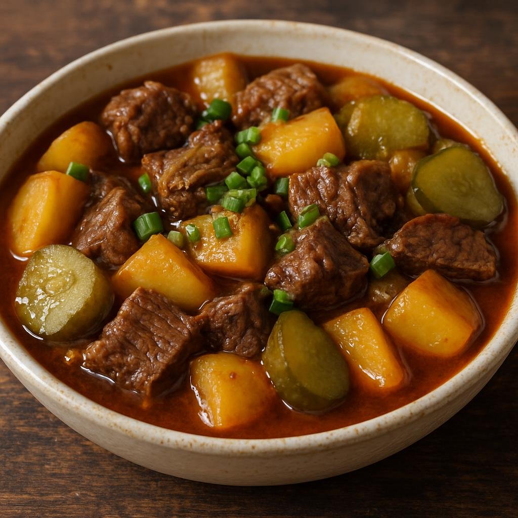 Entree: Russia – Tatar Cuisine – Азу ➤ Azu (Hearty Tatar stew of braised beef, potatoes and tangy pickles) recipe