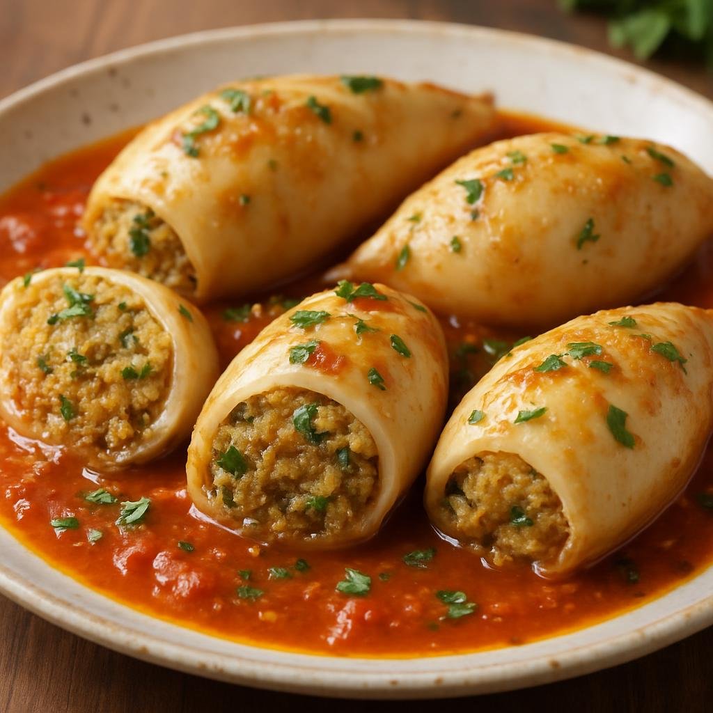 Entree: France – Languedoc-Roussillon – Encornets Farcis (Mediterranean-style stuffed squid with a garlic-parsley-breadcrumb filling simmered in a light tomato-wine sauce) recipe
