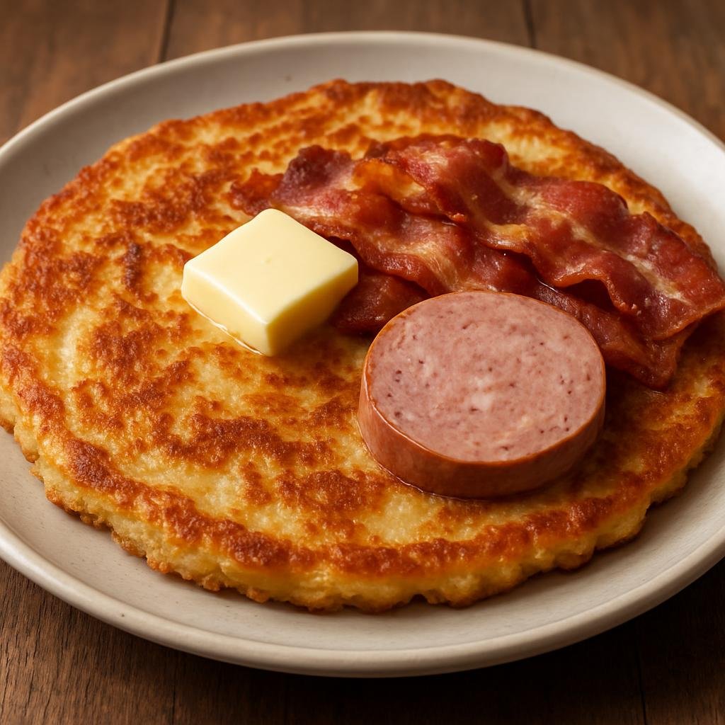 Entree: Germany – Westphalia – Westfälischer Pickert (Thick Westphalian yeast potato pancake traditionally served with butter, bacon or liver sausage) recipe