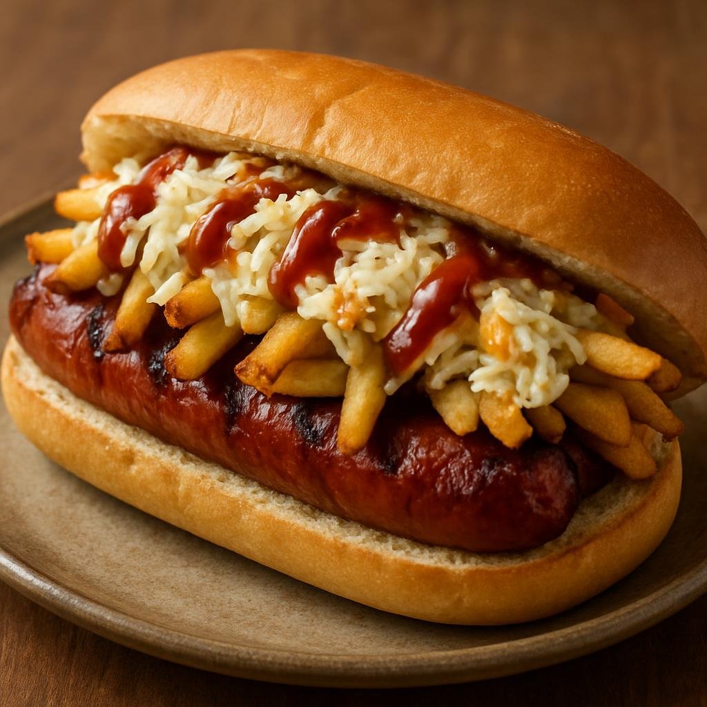 Entree: United States – Great Lakes – Polish Boy Sandwich (Hearty sandwich of smoked Polish sausage topped with French fries, tangy coleslaw, and barbecue sauce on a soft roll) recipe