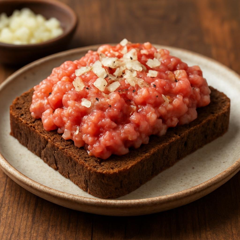 Entree: Germany – Westphalia – Pumpernickel mit Mett (Pumpernickel bread topped with seasoned raw minced pork (Mett) recipe